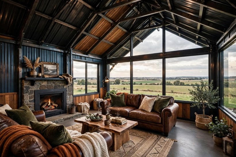 images of metal building homes: vertical metal panel siding in a deep barn red