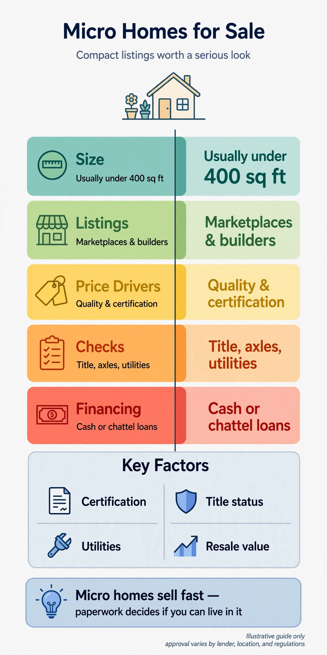 Micro homes for sale — infographic summary of types, listing channels and inspection checks