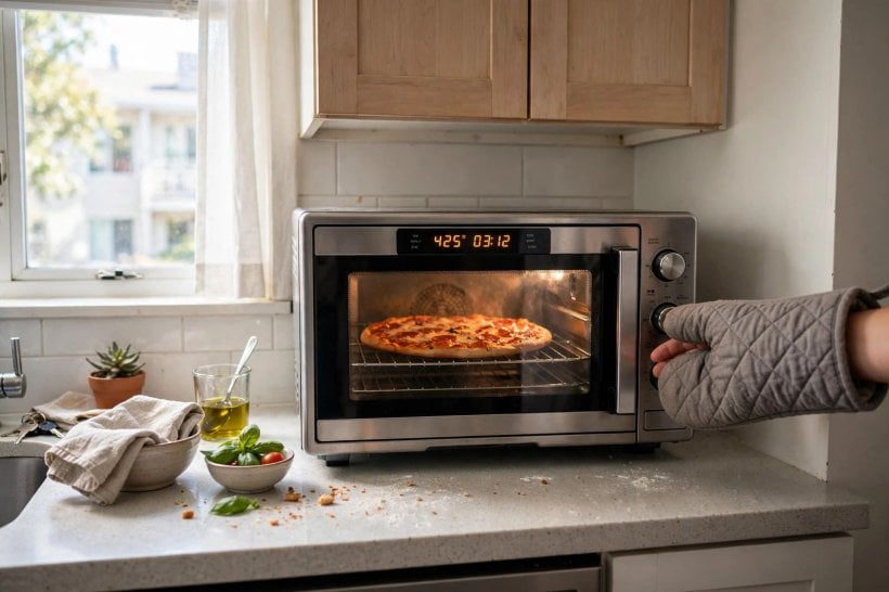 microwave toaster oven combo: unit in place on a compact kitchen counter