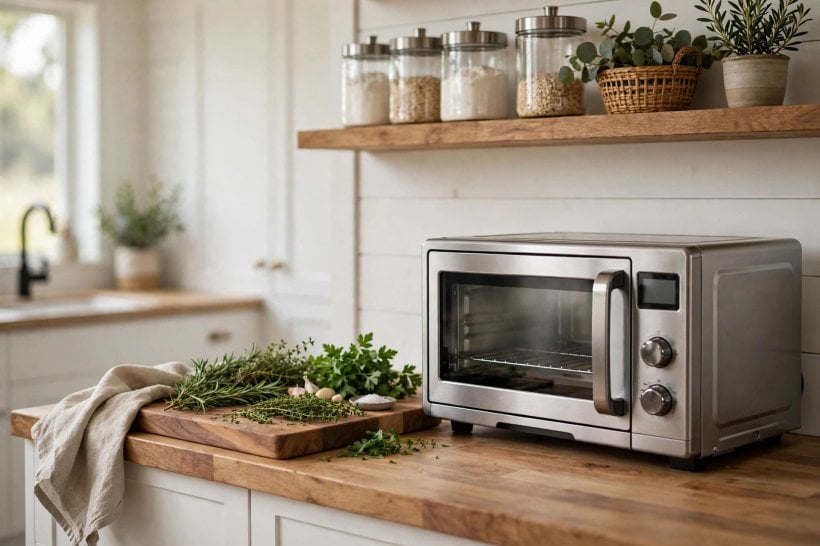 microwave toaster oven combo: open door showing cavity, tray and rack positions