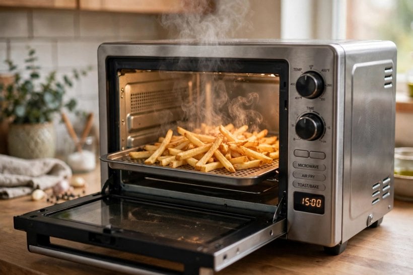 microwave toaster oven combo: control panel with dials and a clear display