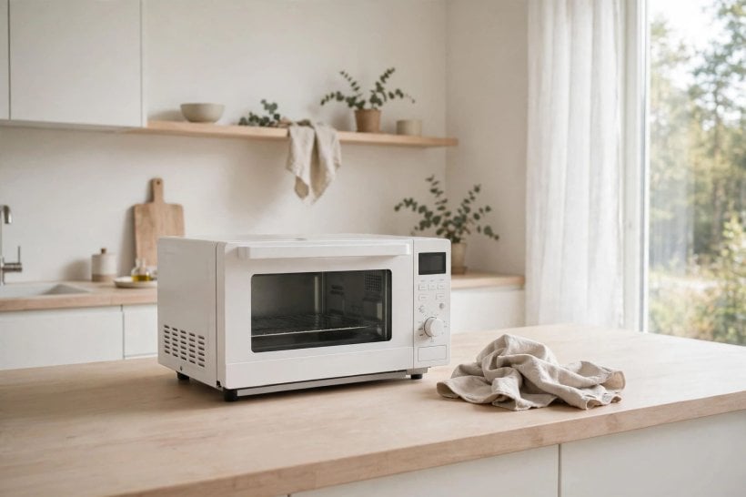 microwave toaster oven combo: toast and snacks browning in the oven cavity