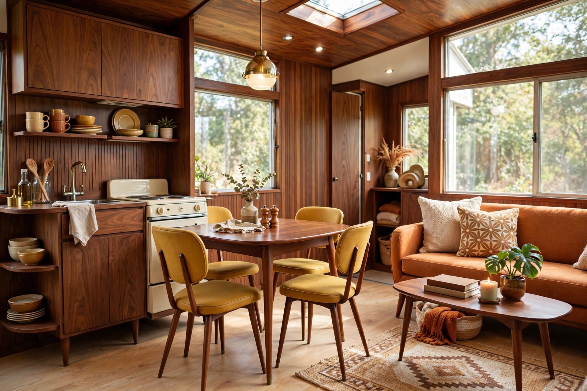 mid century tiny house interior