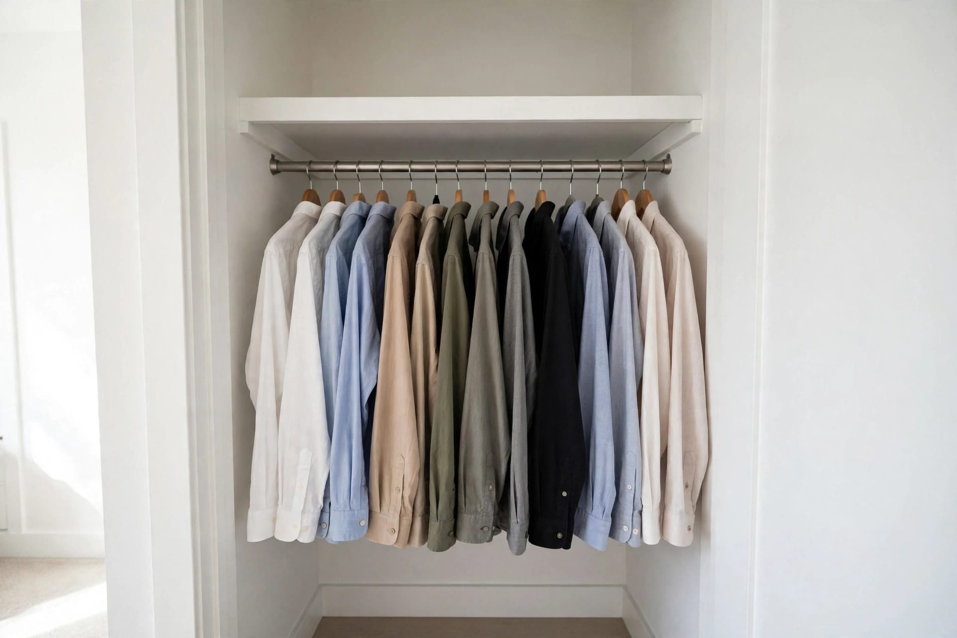 minimum closet depth: open reach-in closet with double hanging rails and a shelf above