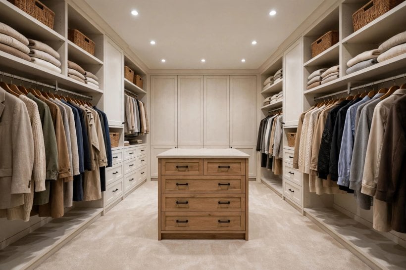 minimum closet depth: walk-in closet with shelves, drawers and clear walking space