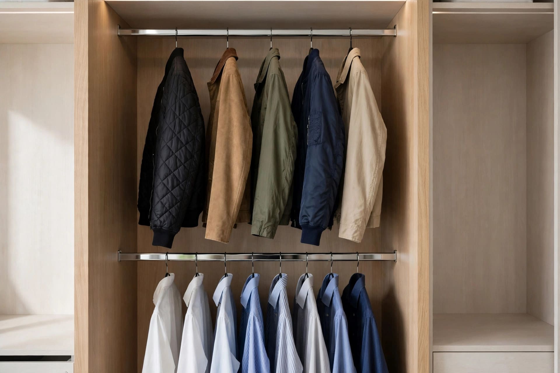 minimum closet depth: shoe shelves, folded clothes and labelled storage boxes