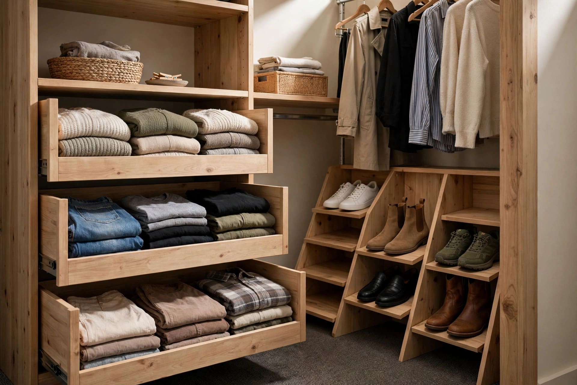 minimum closet depth: corner closet layout with long hanging space and shoe storage below