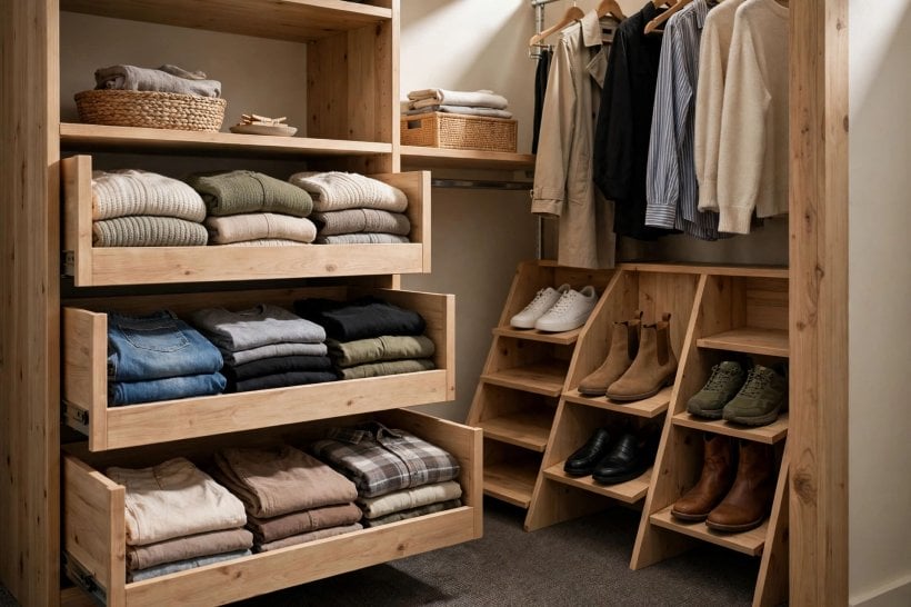 minimum closet depth: corner closet layout with long hanging space and shoe storage below