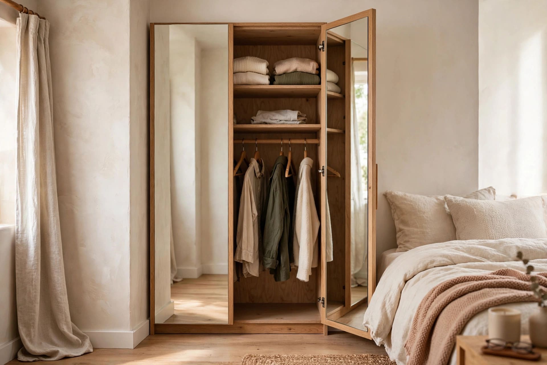 minimum closet depth: small bedroom wardrobe wall planned around a window and bed