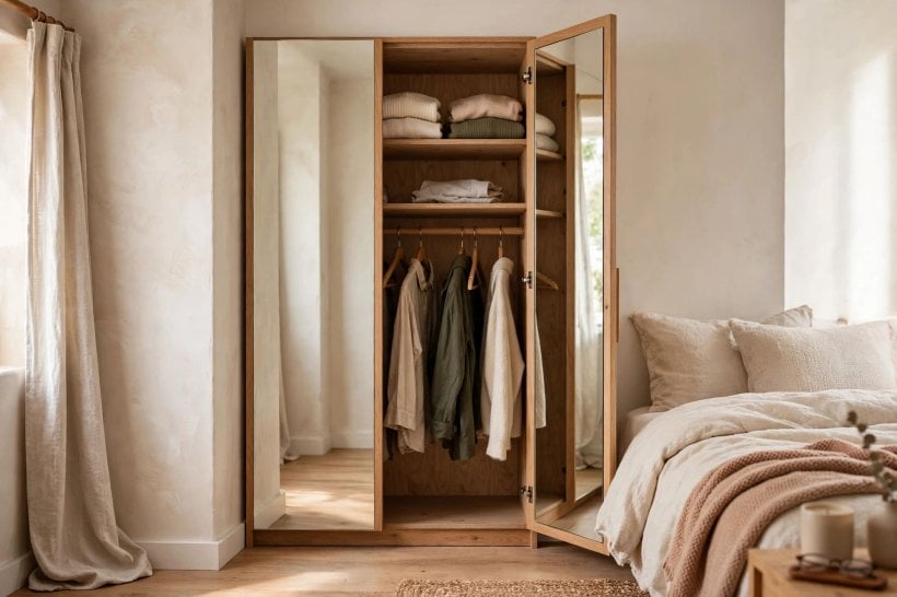 minimum closet depth: small bedroom wardrobe wall planned around a window and bed