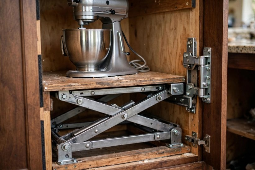 kitchenaid mixer cabinet lift with drawer: platform raised level with the worktop