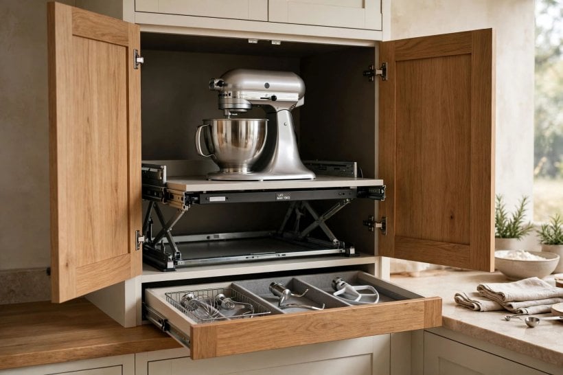 kitchenaid mixer cabinet lift with drawer: mixer stored neatly behind a closed cabinet door