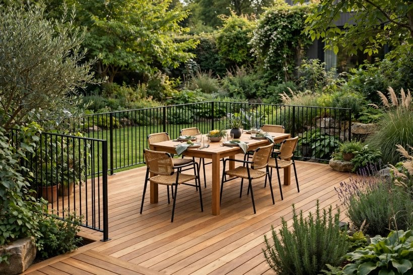 modern wood decking: broad steps linking two deck levels