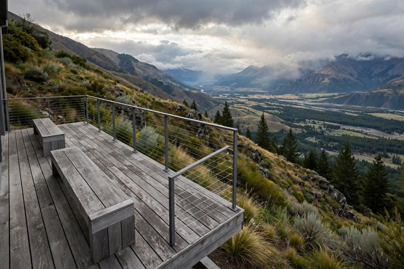 modern wood decking: slatted timber screen with a simple railing