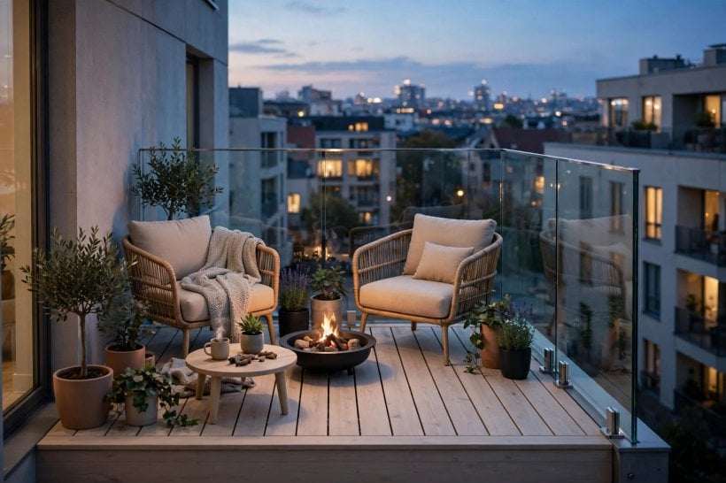 modern wood decking: outdoor lounge with a rug and low seating