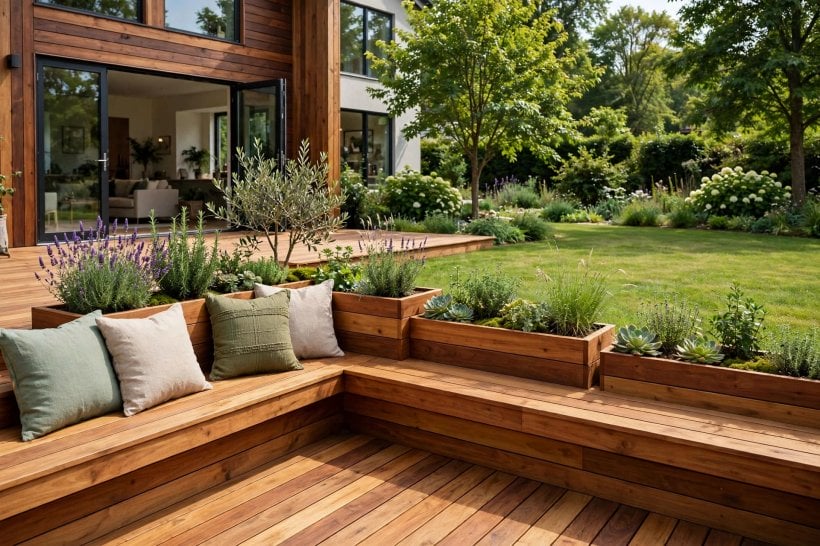 modern wood decking: planters and greenery softening a timber edge