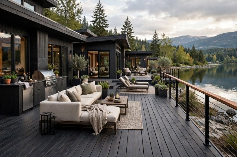 modern wood decking: warm evening lighting along deck steps