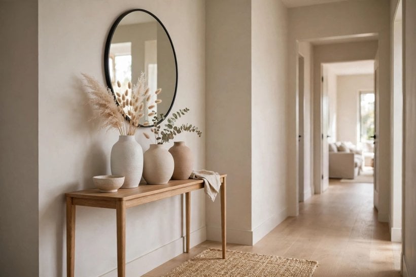 small modern entryway: clear layout with a slim console and closed storage
