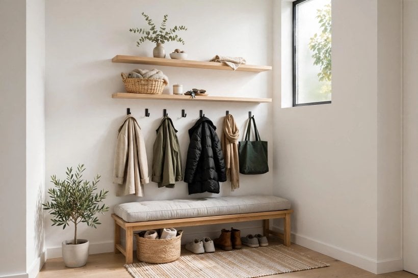 small modern entryway: bench and slim console with drawers