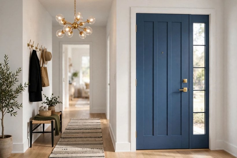 small modern entryway: closed shoe cabinet and hooks at two heights