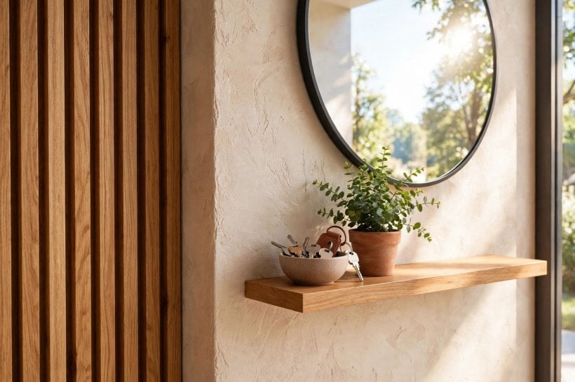 small modern entryway: large mirror and warm wall lighting