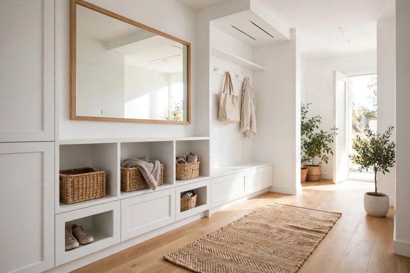 small modern entryway: entry zone screened by a console in an open-plan room