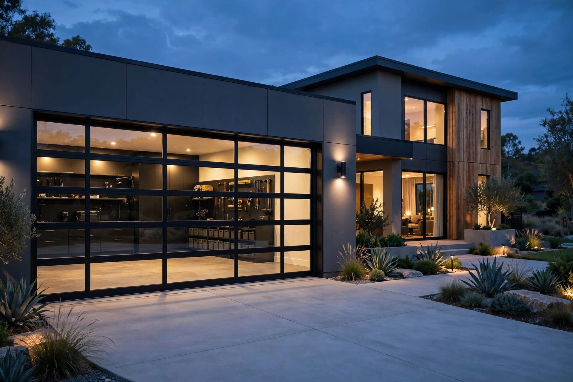 modern garage: sleek grey doors with a clean driveway and potted plants