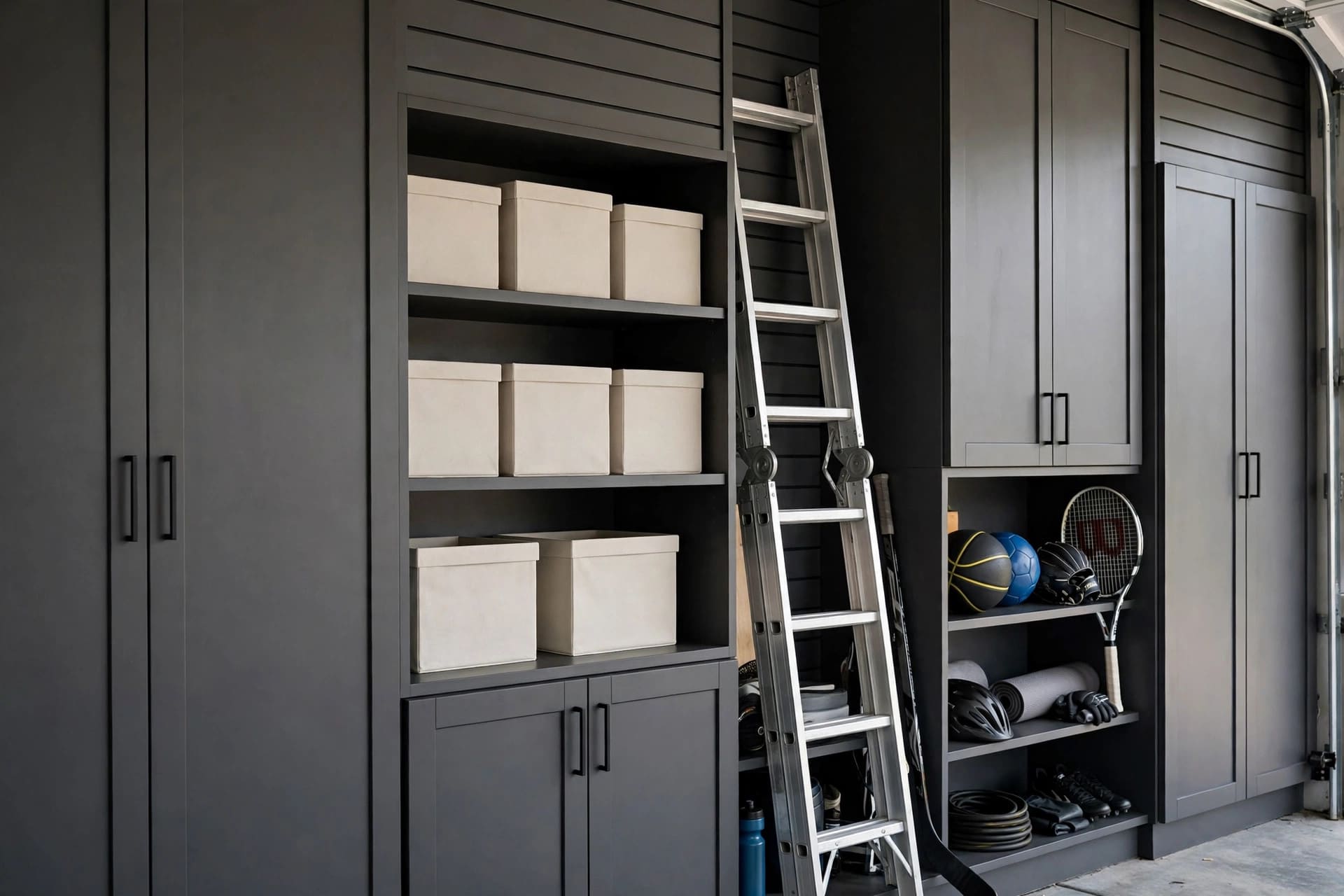 modern garage: bright workshop corner with wall storage and a workbench