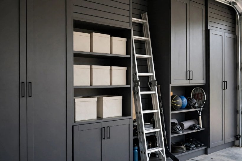 modern garage: bright workshop corner with wall storage and a workbench
