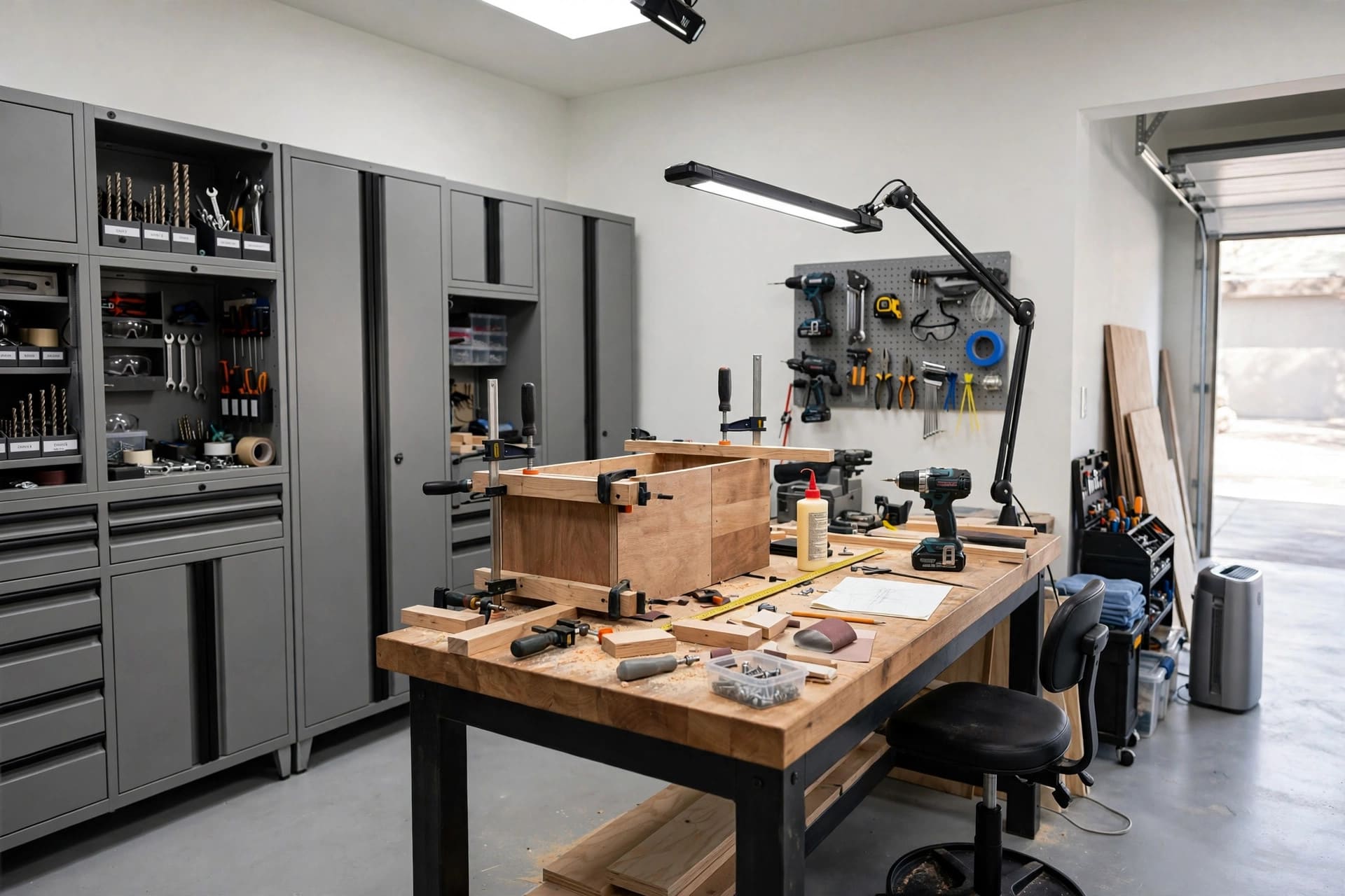 modern garage: organised shelves, bins and labelled storage boxes