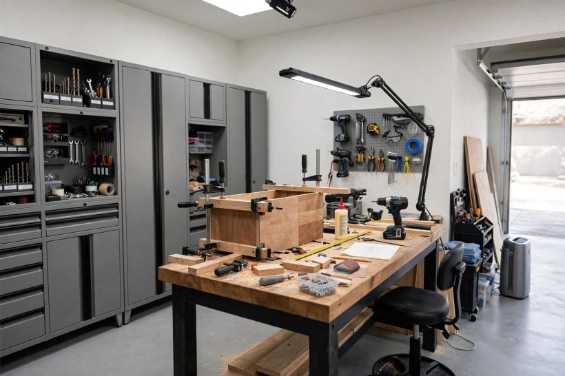 modern garage: organised shelves, bins and labelled storage boxes