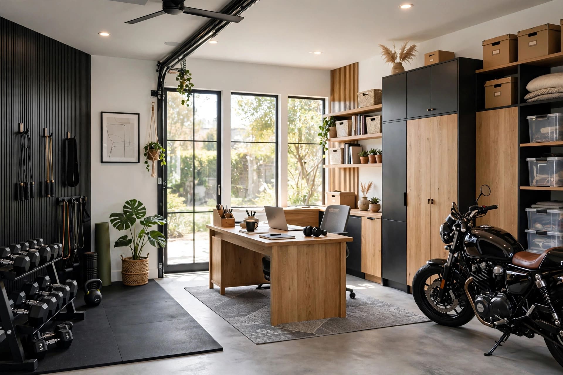 modern garage: double doors in black framing a modern house facade