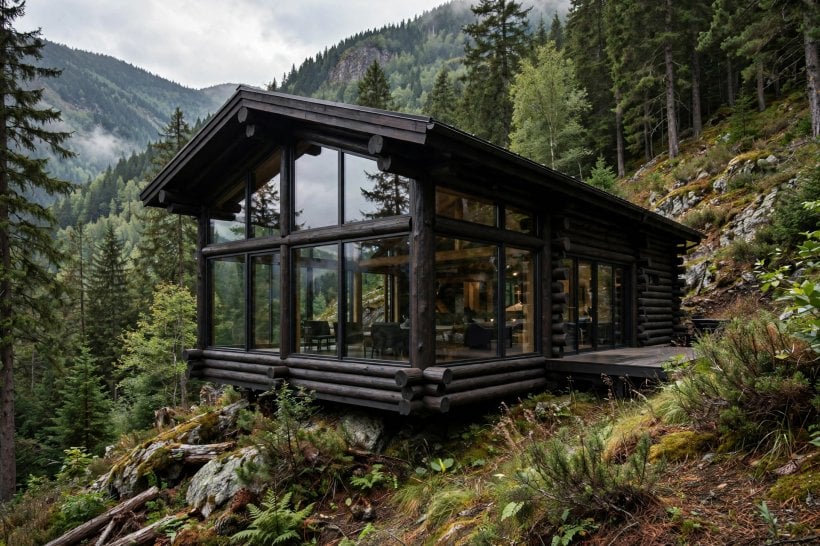 modern log cabin: open-plan living space with exposed logs and a glazed gable
