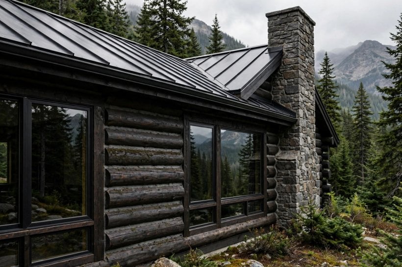 modern log cabin: squared log walls with a deep protective roof overhang