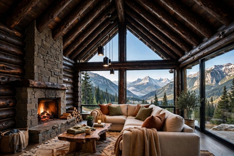 modern log cabin: wood stove warming an open living space