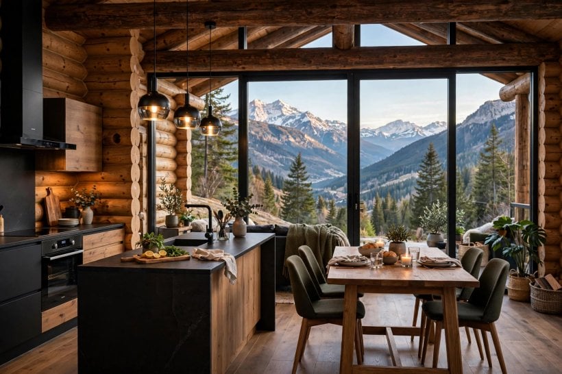 modern log cabin: styled deck with blankets overlooking the mountains