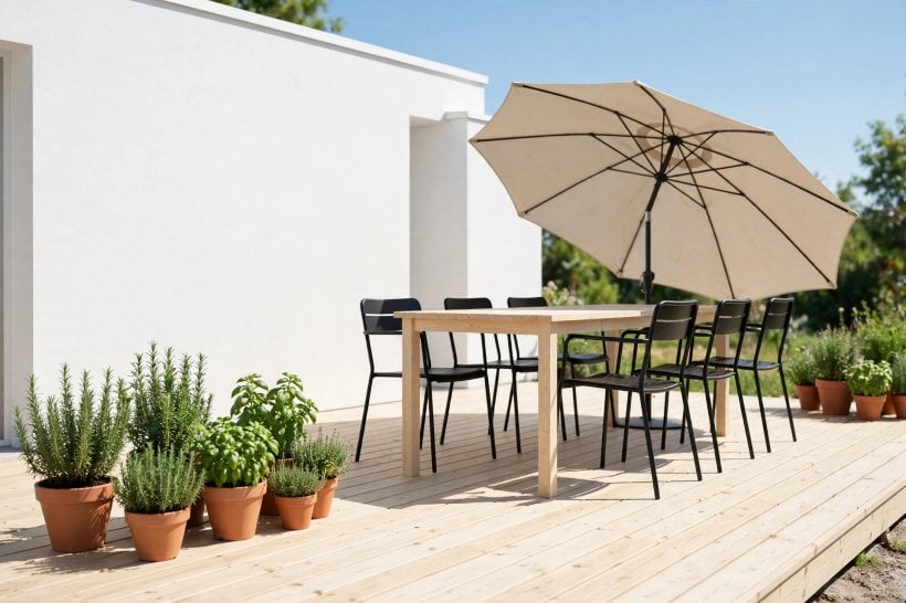 modern patio: pale paving with low lounge seating