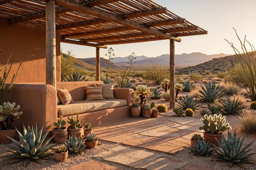 modern patio: outdoor sofa and dining set on a terrace