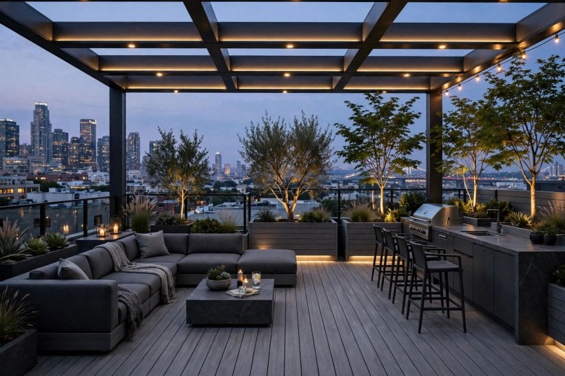 modern patio: shaded dining table with simple place settings