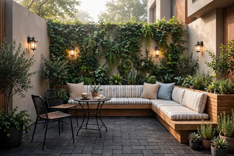 modern patio: large planters with grasses and shrubs