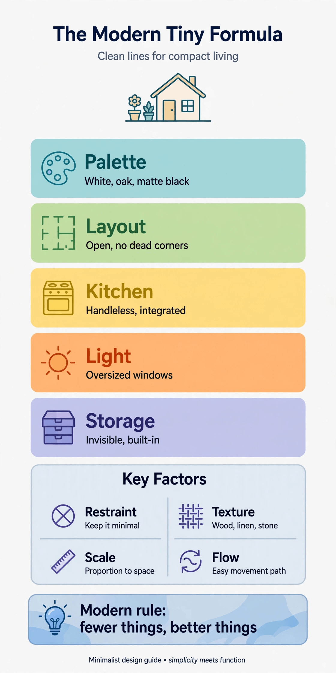 Modern tiny house interior design infographic — the formula of palette, flat fronts, low furniture and layered light