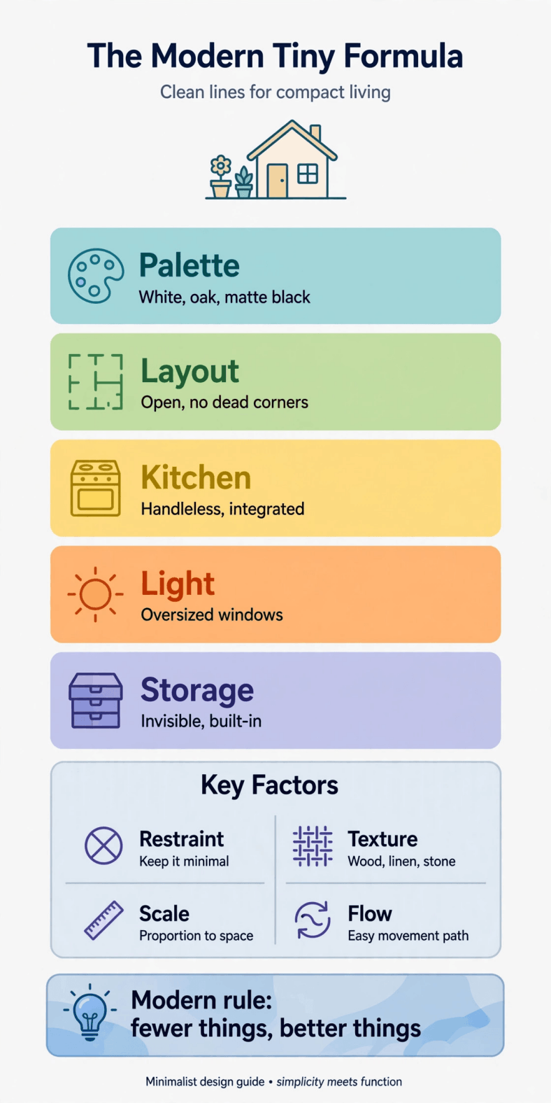 Modern tiny house interior design infographic — the formula of palette, flat fronts, low furniture and layered light