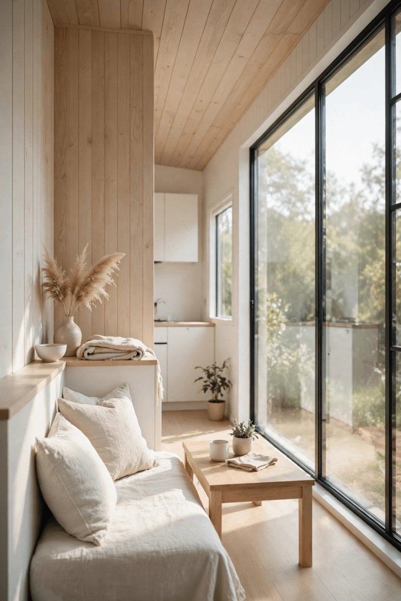 Modern tiny house interior design principles in a minimalist tiny house with flat planes and a limited palette