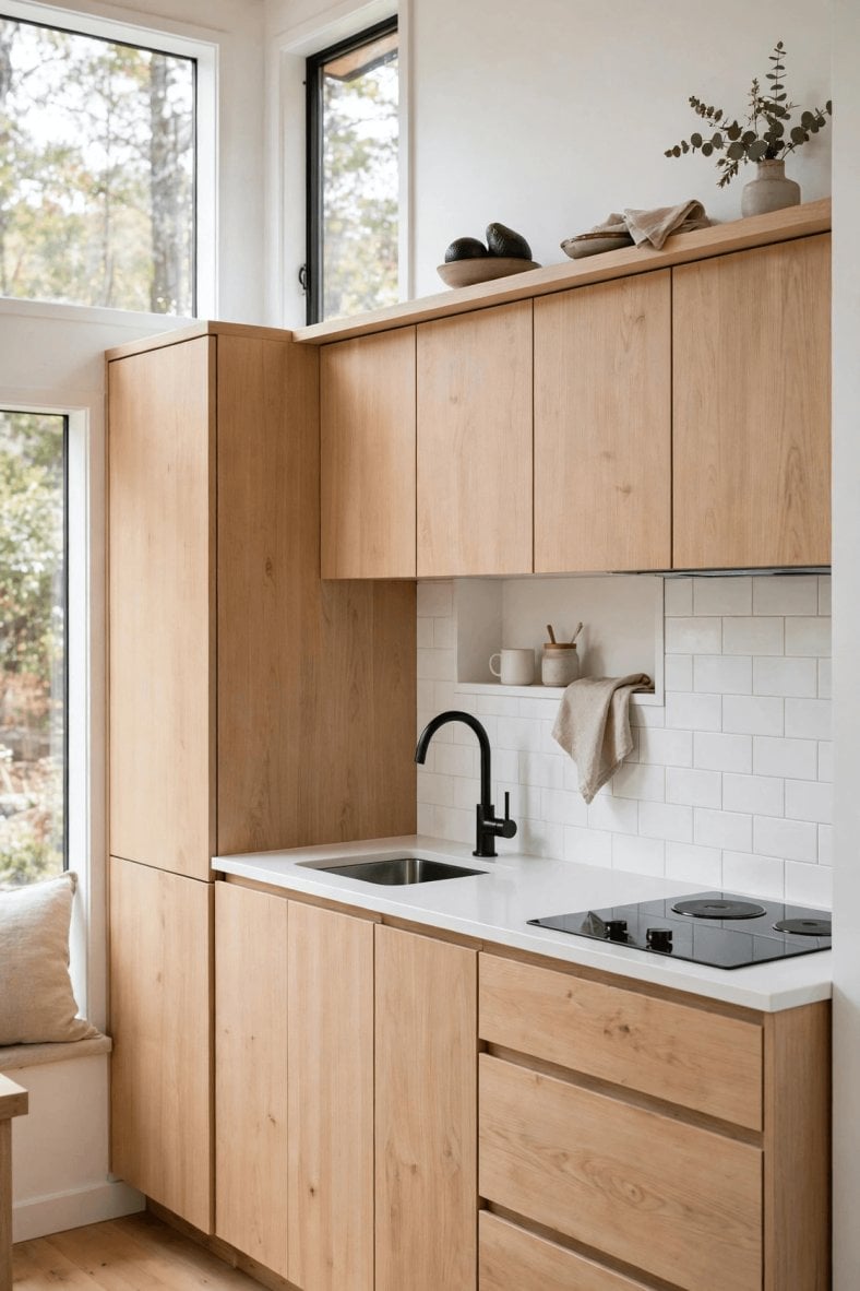 Modern tiny house interior design inspiration from a Scandinavian tiny house with clean lines and pale wood
