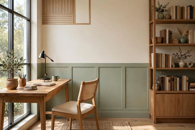 wall design: botanical mural behind a reading chair