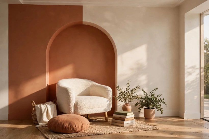 wall design: styled gallery shelves on a deep painted wall