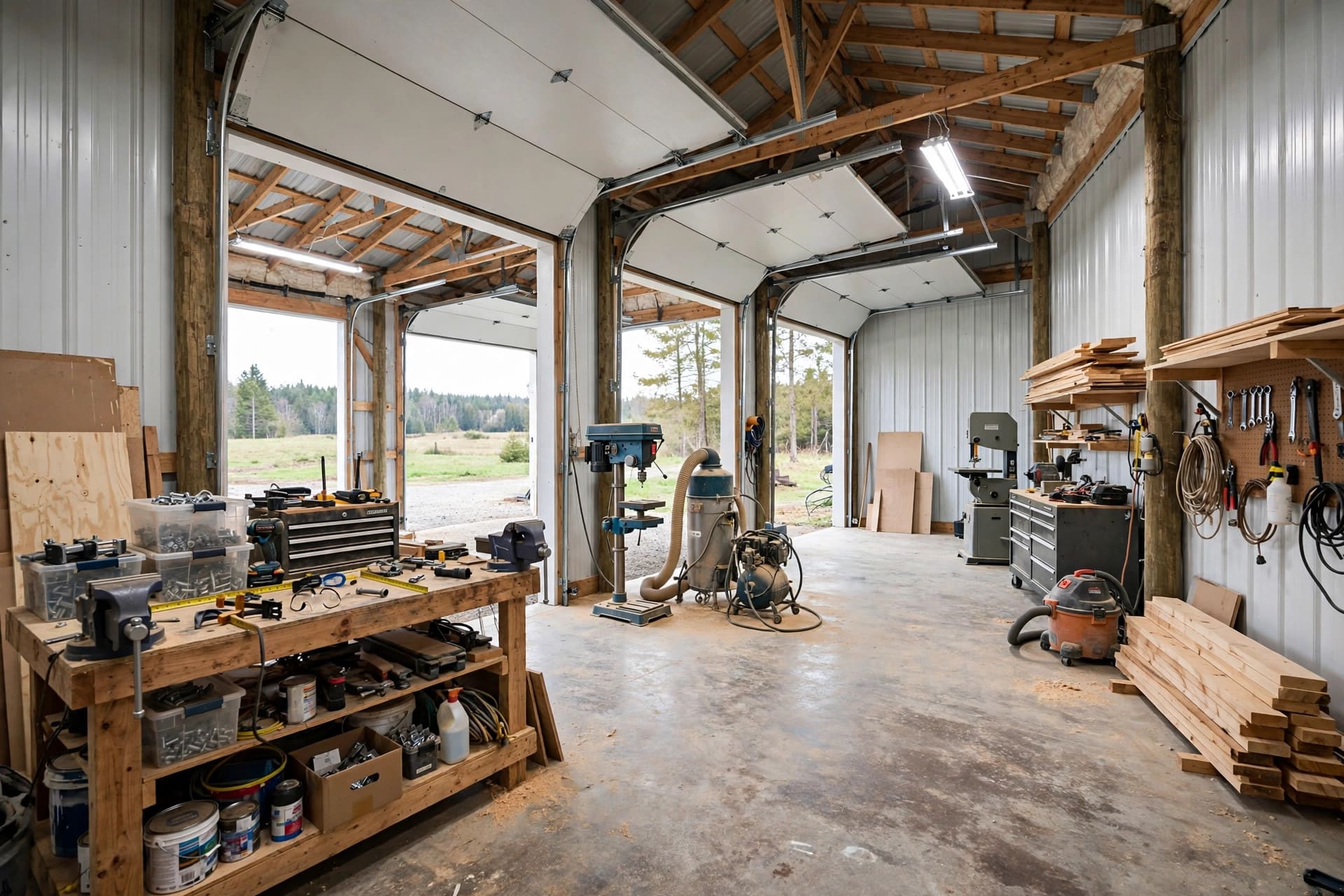 morton buildings: pole barn workshop with workbenches and wide doors