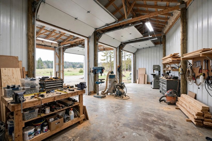 morton buildings: pole barn workshop with workbenches and wide doors