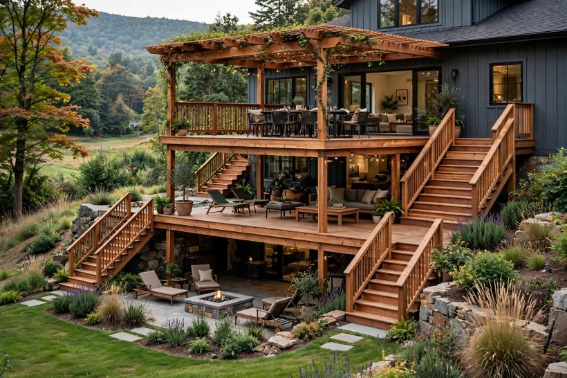 multi tier deck: terraced levels following a gentle garden slope