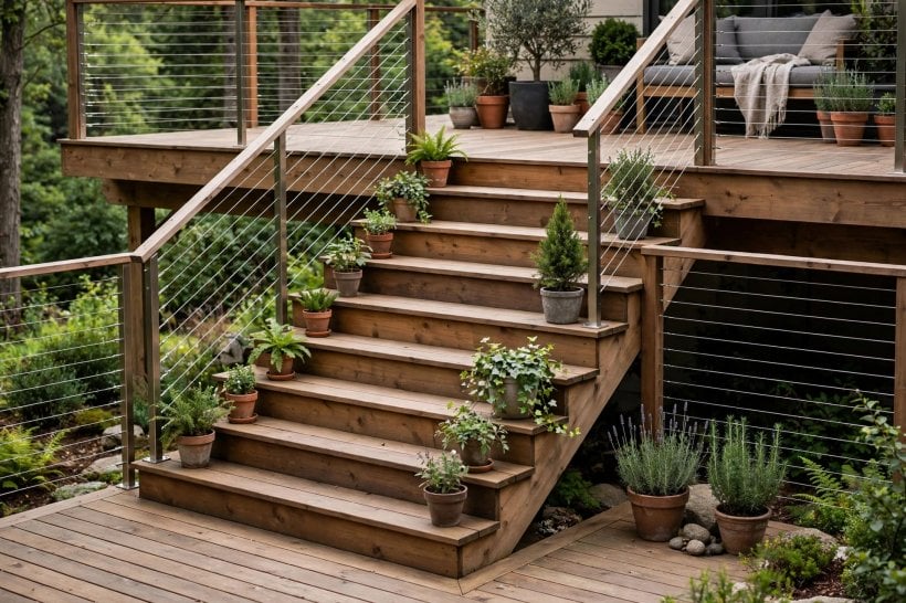 multi tier deck: dining level with a long table and shade
